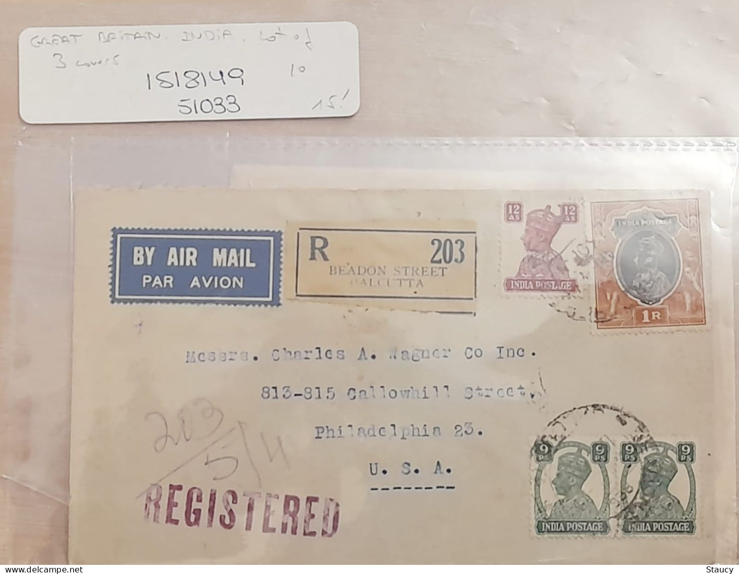 British India 1947 REGISTERED Airmail Cover To USA 4 KG VI Stamps Nice Cancellations On Front & Back Ex Rare - Poste Aérienne