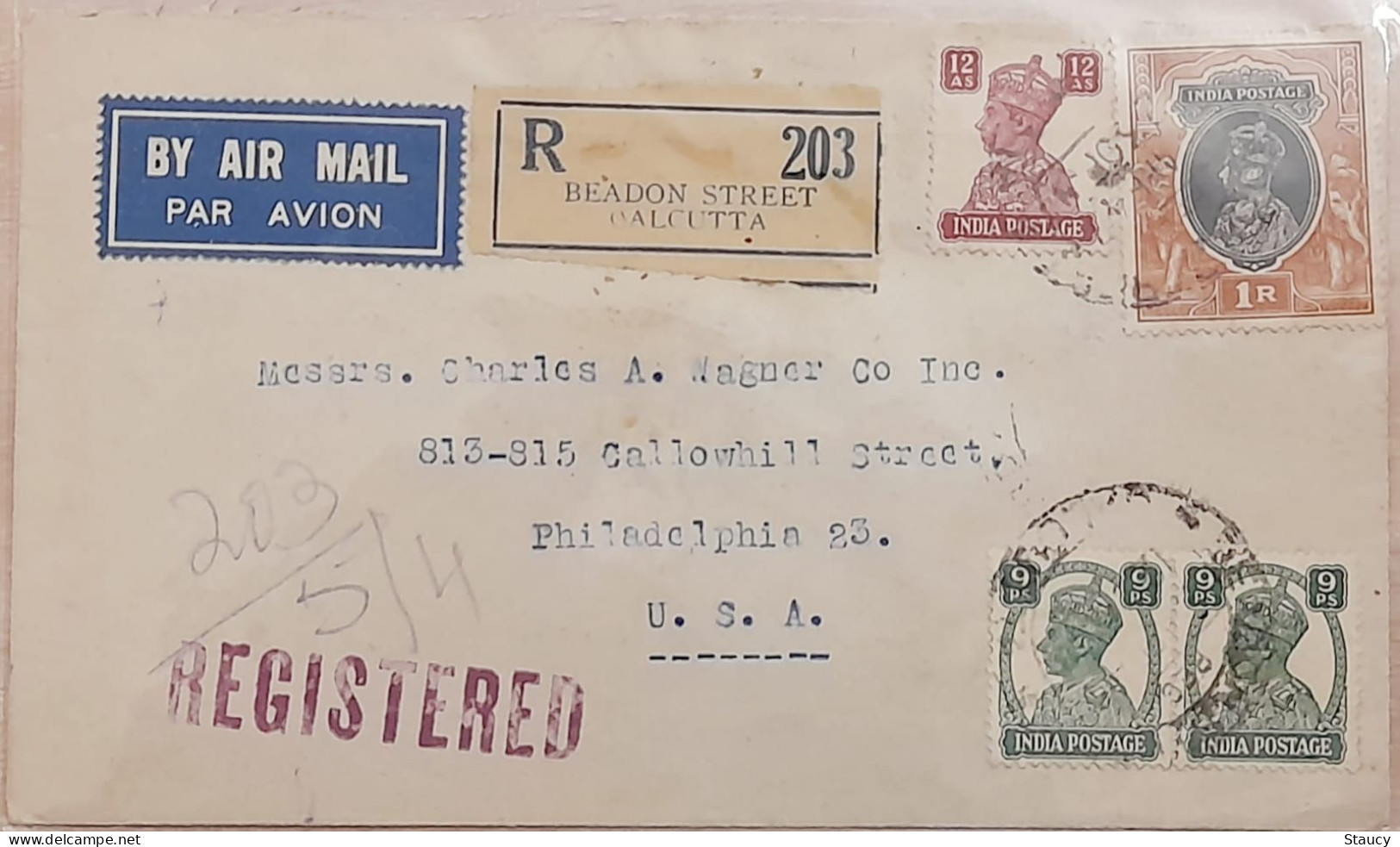 British India 1947 REGISTERED Airmail Cover To USA 4 KG VI Stamps Nice Cancellations On Front & Back Ex Rare - Luchtpost