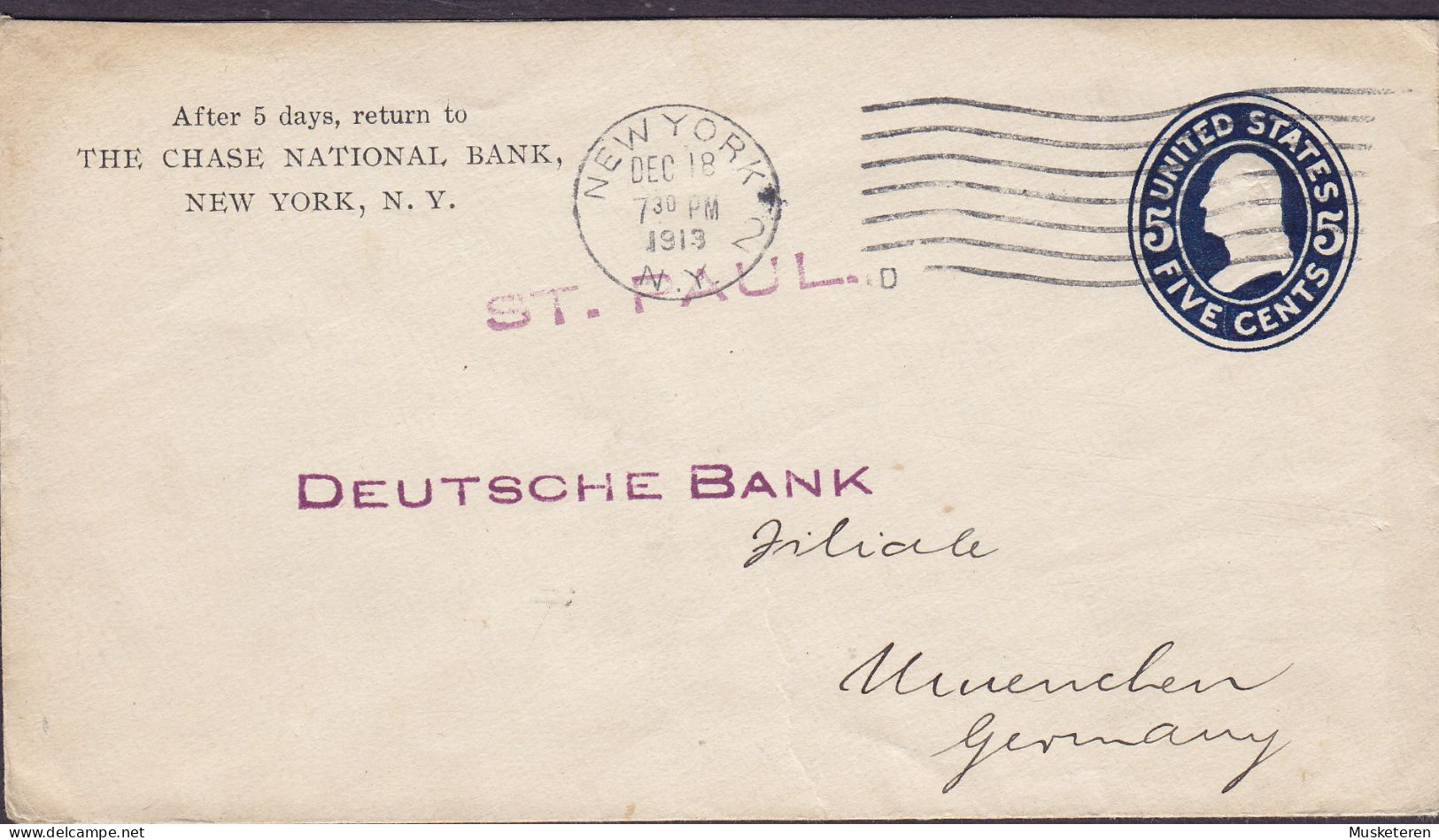 United States Postal Stationery Ganzsache PRIVATE Print THE CHASE NATIONAL BANK, NEW YORK 1913 MÜNCHEN Germany - 1901-20