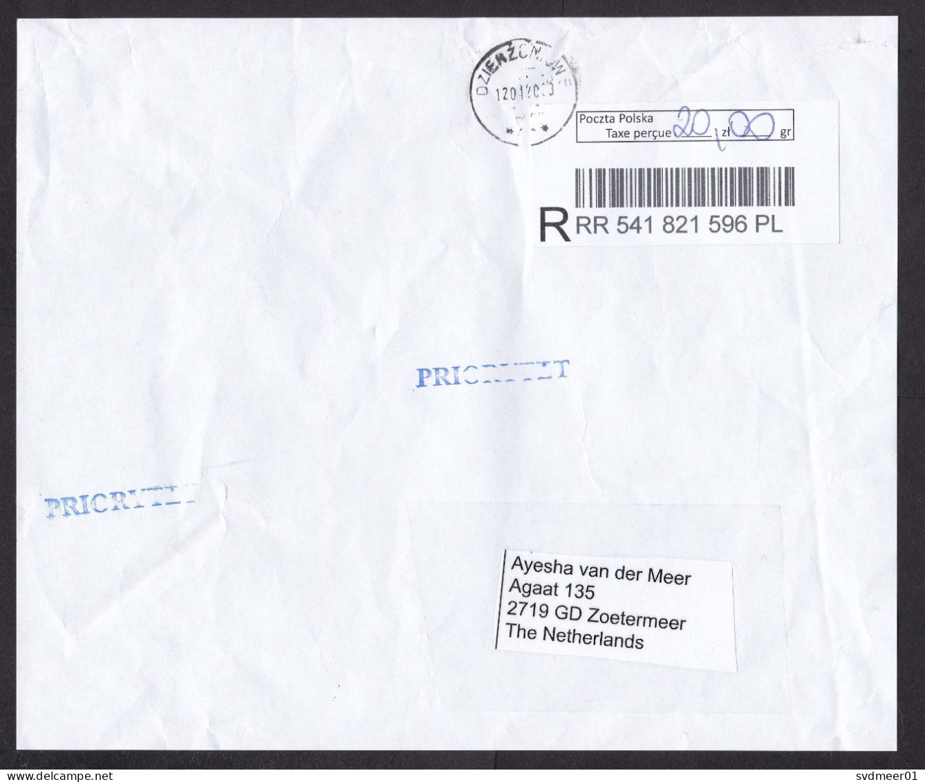 Poland: Registered Parcel Fragment (cut-out) To Netherlands, 2023, ATM Machine Label, Written Postage Value (creases) - Brieven En Documenten