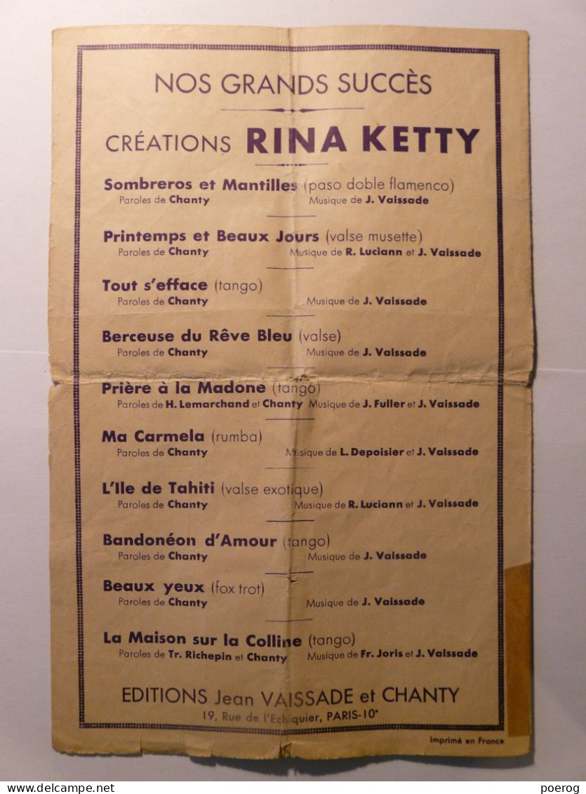 PARTITIONS 1938 - RINA KETTY - SOMBREROS ET MANTILLES - CHANTY VAISSADE - PASO DOBLE FLAMENCO - Spartiti