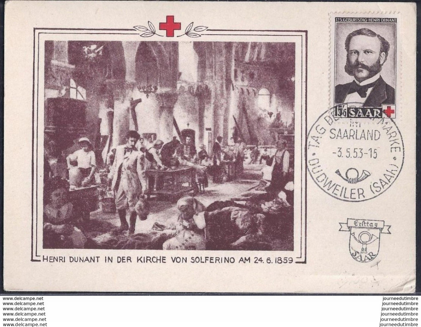 Carte Maximum Tag Der Briefmarke Journee Du Timbre 1953 Sarre Henri Dunant - Maximumkarten