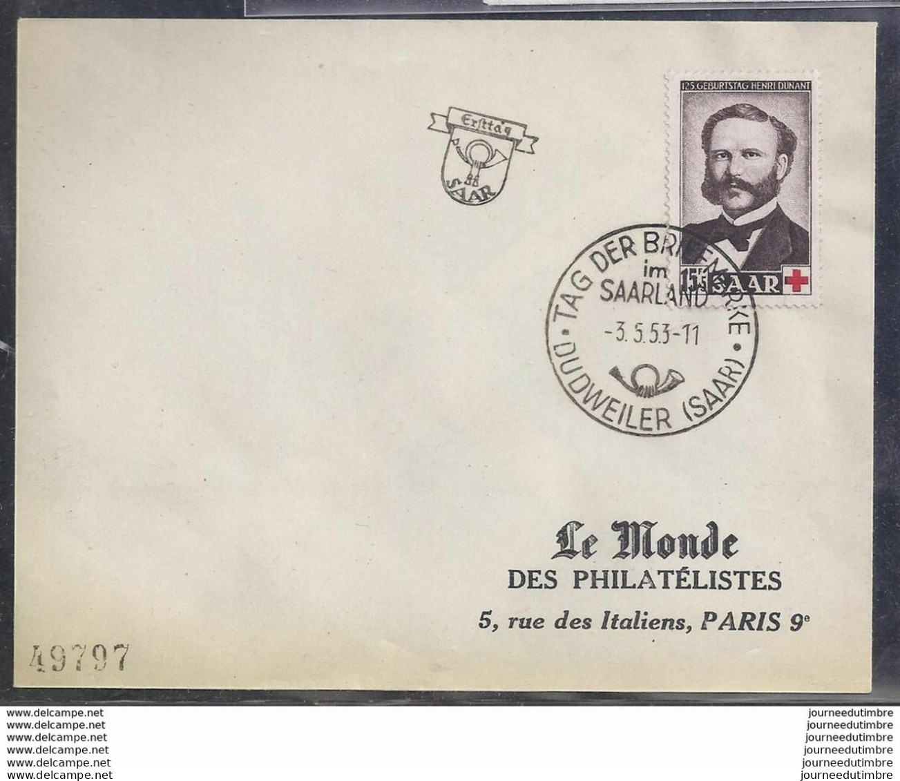 Enveloppe Tag Der Briefmarke Journee Du Timbre 1953 Sarre - FDC