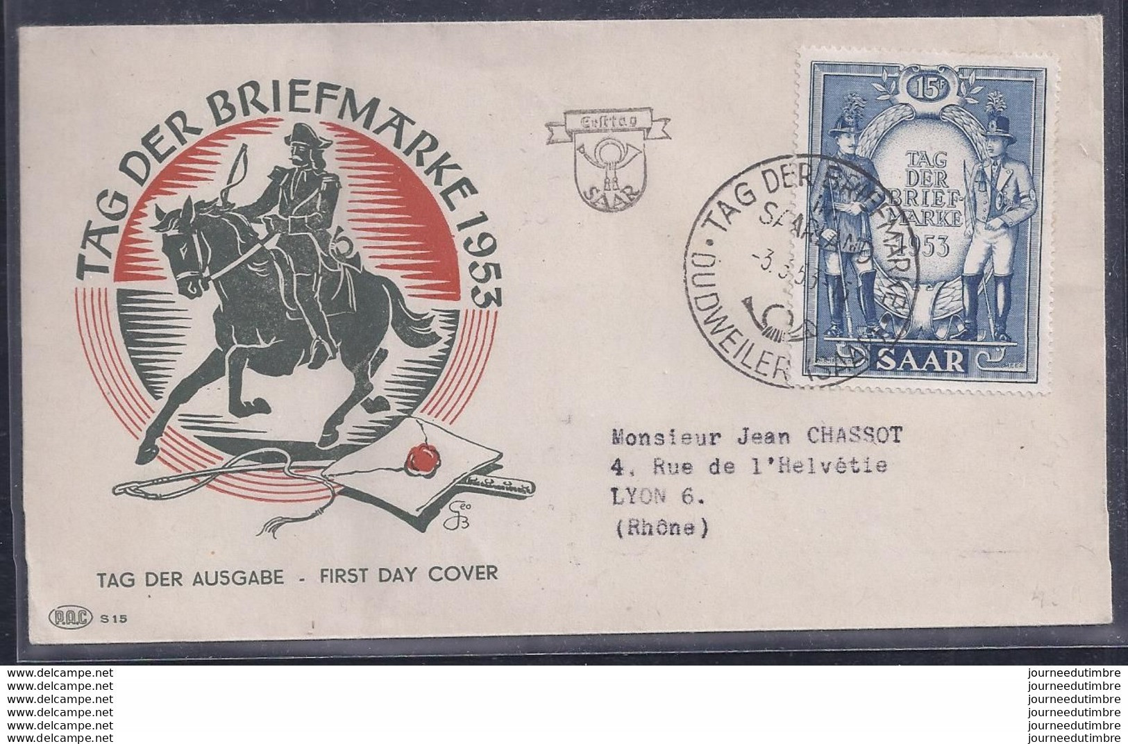 Enveloppe Tag Der Briefmarke Journee Du Timbre 1953 Sarre - FDC