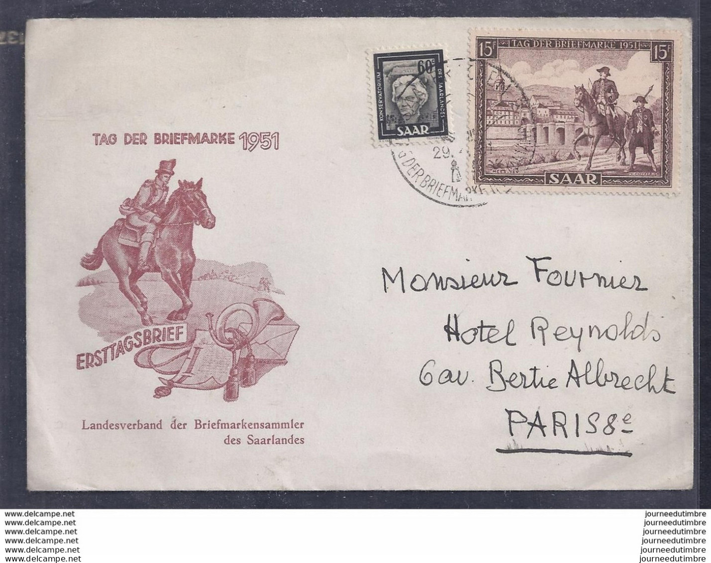 Enveloppe Tag Der Briefmarke Journée Du Timbre 1951 Sarre - FDC