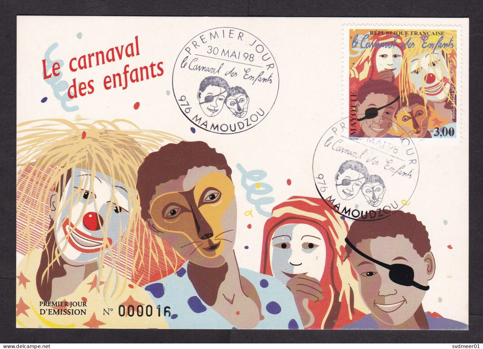 Mayotte: Maximum Card, 1998, 1 Stamp, Children Carnival, Festival, Clown, Cat, Pirate, Disguise (minor Stain At Back) - Cartas & Documentos