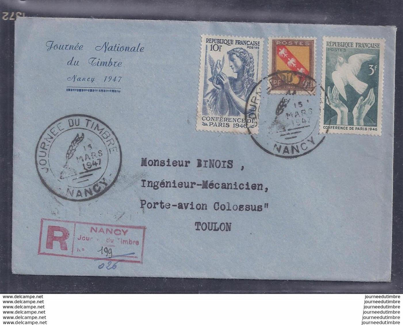 Enveloppe Locale Journee Du Timbre 1947 Nancy Recommandée - Altri & Non Classificati