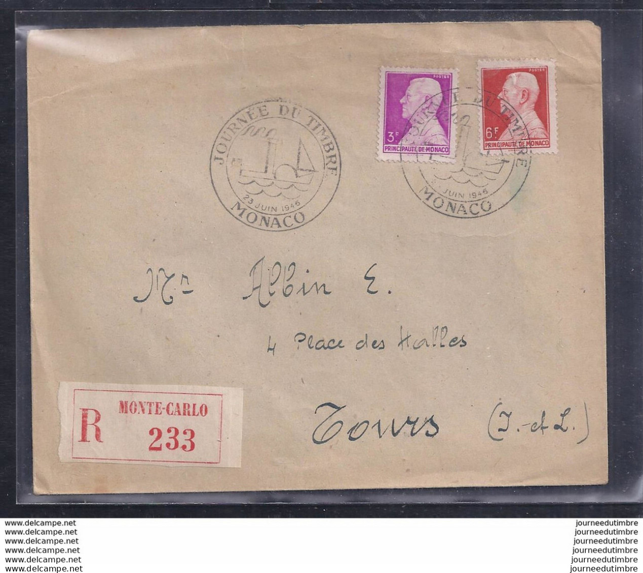 Enveloppe Locale Journee Du Timbre 1946 Monaco Recommandée - Briefe U. Dokumente