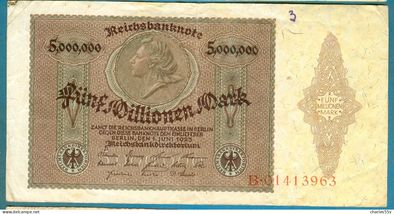 5000000 Mark 1.6.1923 Serie B - 5 Miljoen Mark