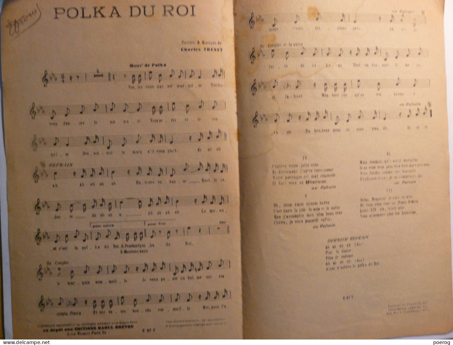 PARTITIONS 1938 - CHARLES TRENET - LA POLKA DU ROI - EDITIONS VIANELLY RAOUL BRETON PARIS - PAROLES ET MUSIQUE - Spartiti