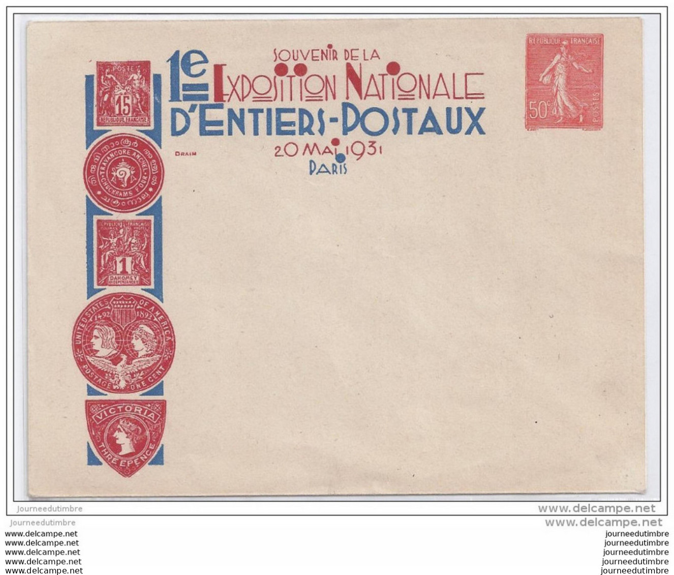 Entier Postal 50 C Semeuse Expostion Nationale D&acute;entiers Postaux 1931  Draim - Sobres Transplantados (antes 1995)