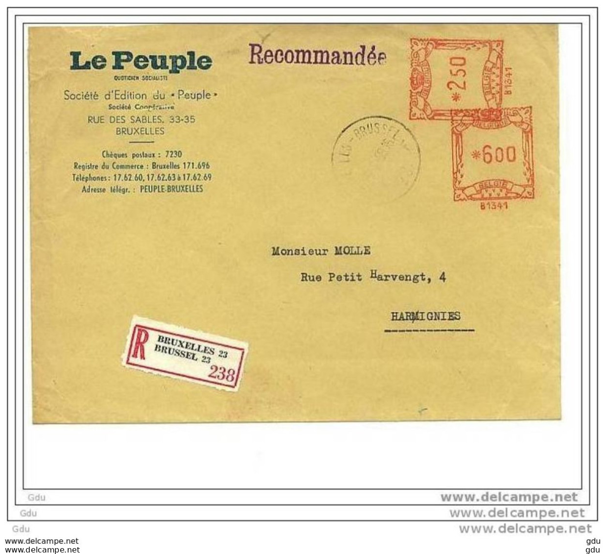 Recommandée  ' Journal  LE PEUPLE ' Affr. Mécanique - Obl. Bxl 1958 - ...-1959