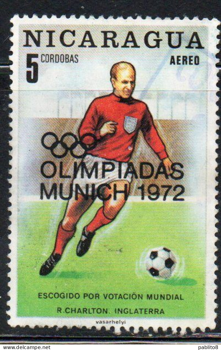 NICARAGUA 1970 1972 OVERPRINTED OLYMPIC GAMES MUNICH FIFA WORLD CUP WINNERS BOBBY CHARLTON ENGLAND 5cor USED USATO OBLIT - Nicaragua