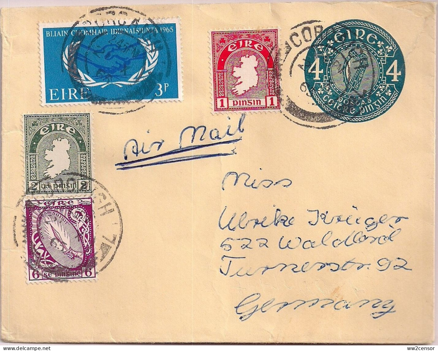 1965 Ireland/Irland 4d Postal Stationery Envelope Uprated From Cork To Germany - Cartas & Documentos