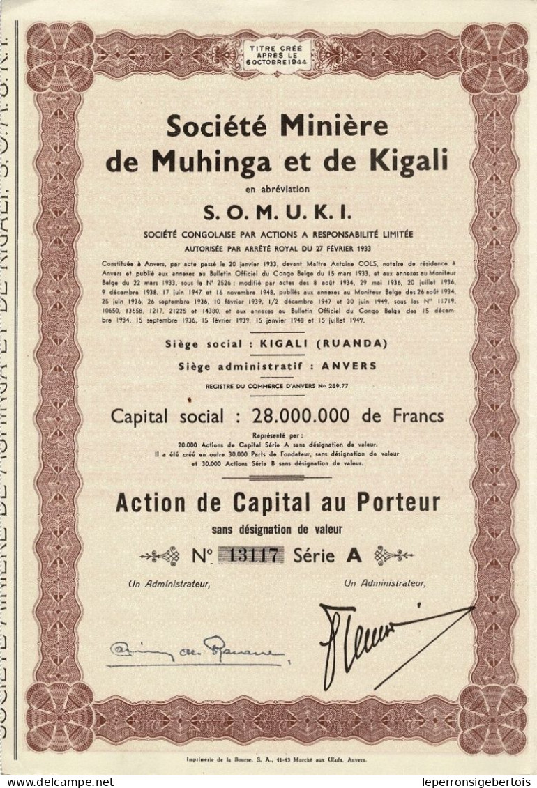 Titre De 1949 - Société Minière De MUHINGA Et DE KIGALI - SOMUKI - Sté Congolaise Par Actions à Responsabilité Limitée - Afrique