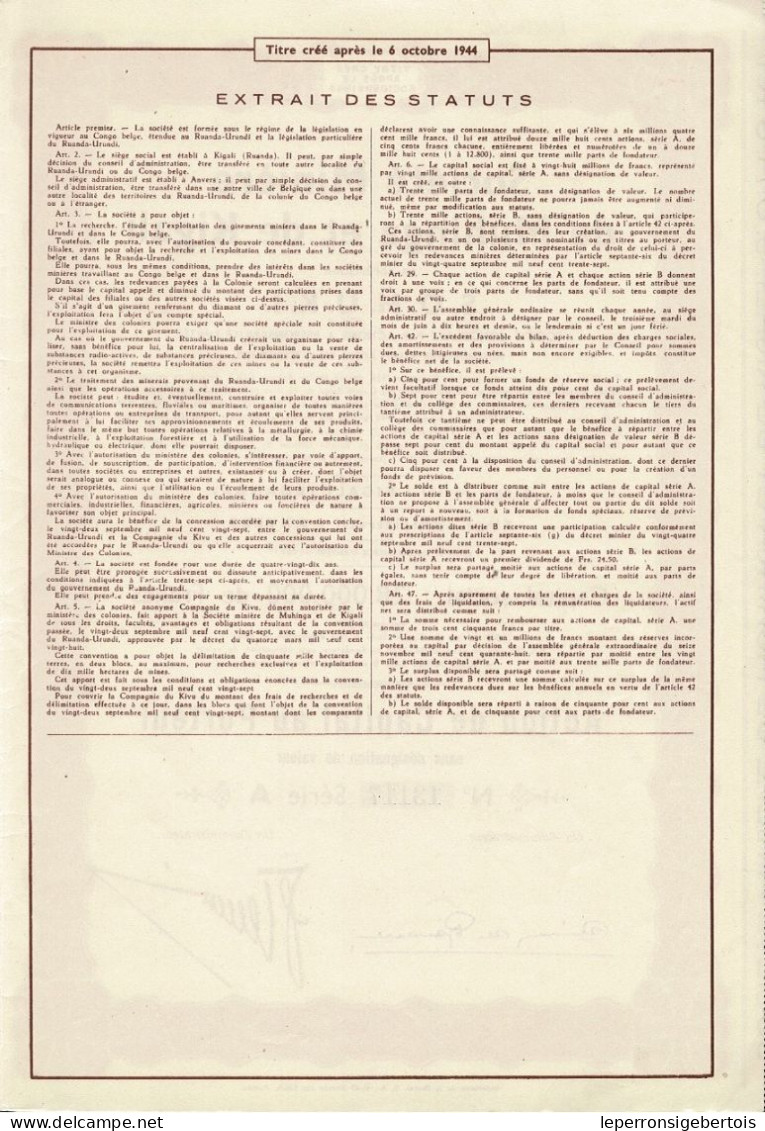 Titre De 1949 - Société Minière De MUHINGA Et DE KIGALI - SOMUKI - Sté Congolaise Par Actions à Responsabilité Limitée - Afrika