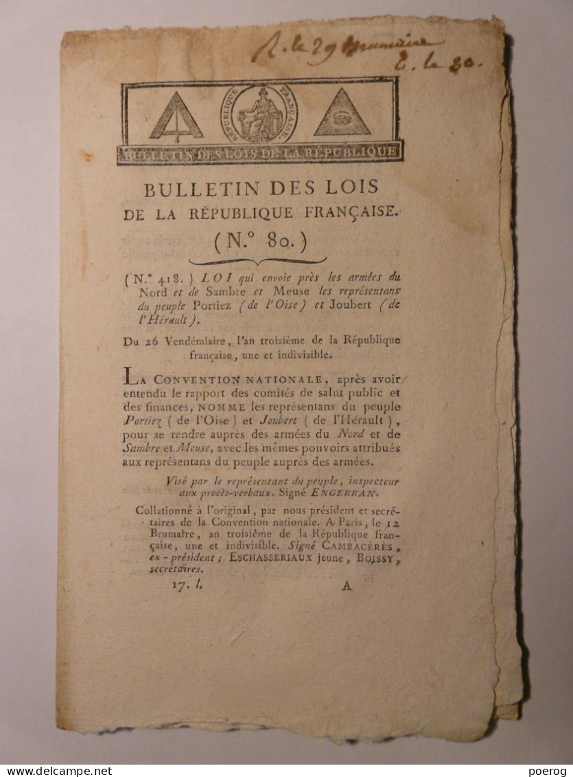 BULLETIN DES LOIS DE 1794 - BIENS DES DETENUS PRISONNIERS - COMMISSION POPULAIRE BORDEAUX - PORTIEZ JOUBERT SAMBRE MEUSE - Decretos & Leyes