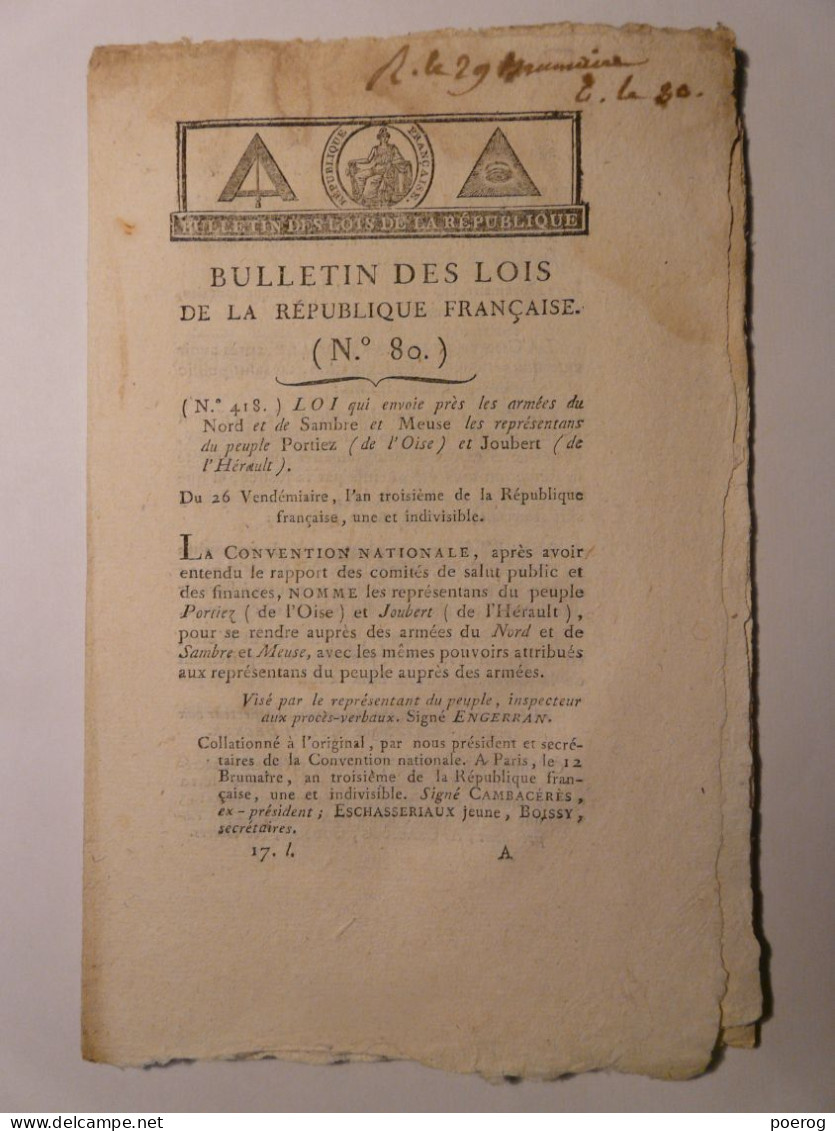 BULLETIN DES LOIS DE 1794 - BIENS DES DETENUS PRISONNIERS - COMMISSION POPULAIRE BORDEAUX - PORTIEZ JOUBERT SAMBRE MEUSE - Décrets & Lois