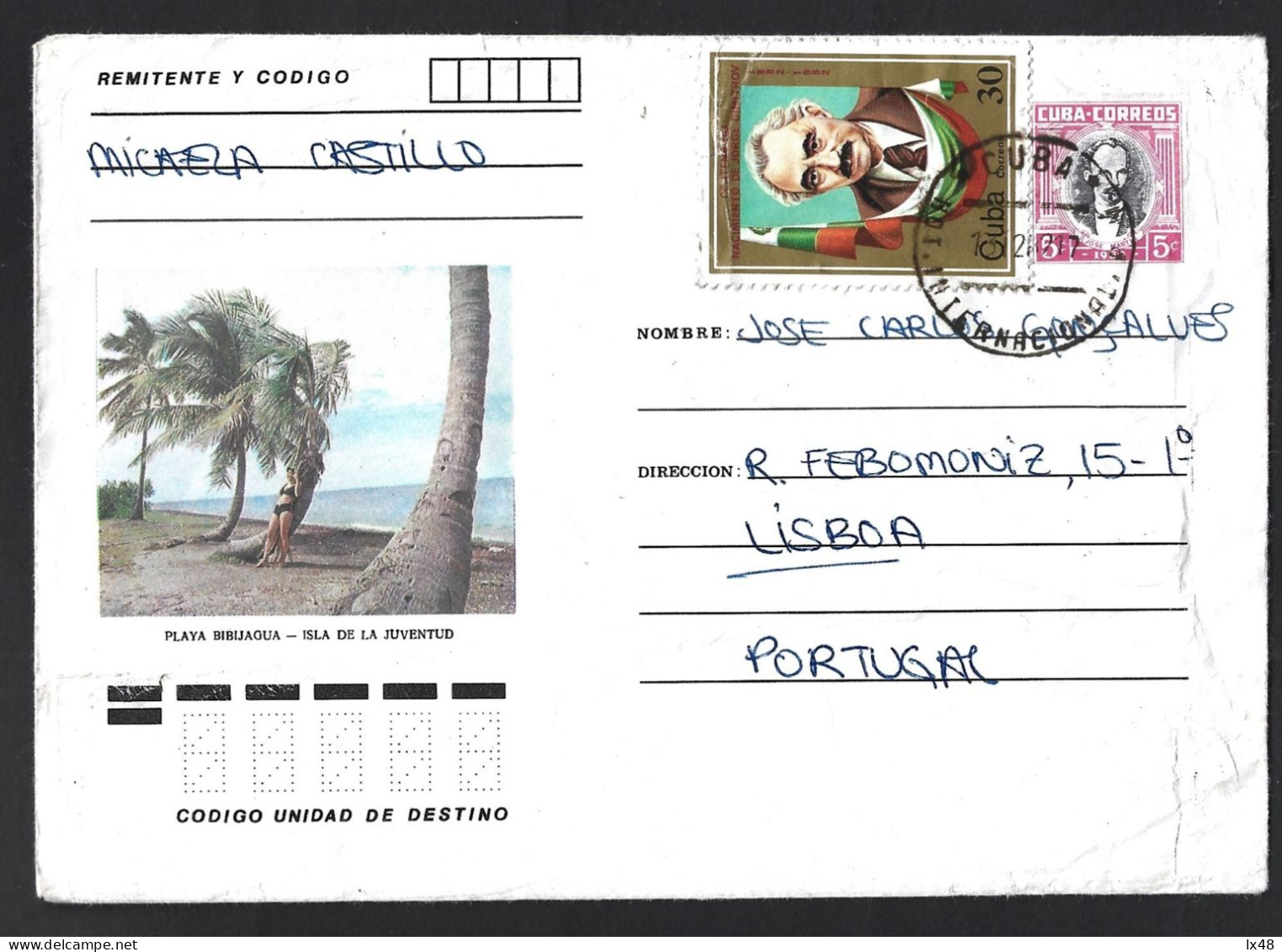 Carta Stationery From Playa Bibijagua, From Nueva Gerona, On Isla La Juventud, Cuba. Chacon. Joseph Martin. George Dimit - Hotel- & Gaststättengewerbe