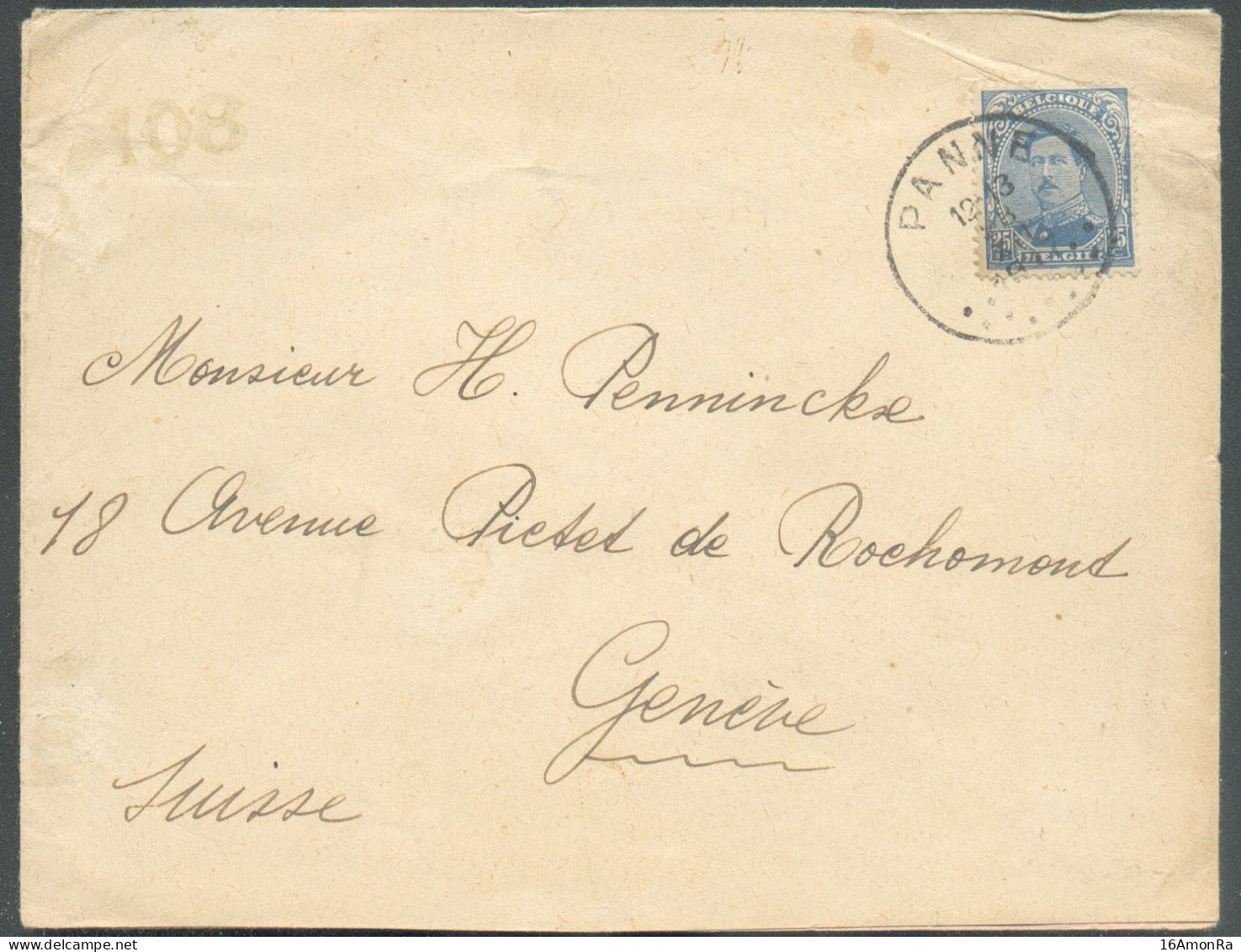 N°141 - 25 Centimes Bleu Obl; Sc PANNE Sur Lettre Du 28-XII-1917 Vers Genève  + (verso) Bande De CENSURE MILITAIRE 108. - Unbesetzte Zone