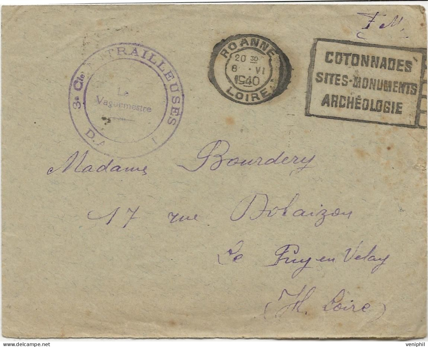 LETTRE FRANCHISE MILITAIRE -CACHET VIOLET 3 E CIE MITRAILLEUSE- DAT XIII -CAD + FLAMME ROANNE -LOIRE 1940 - Brieven En Documenten