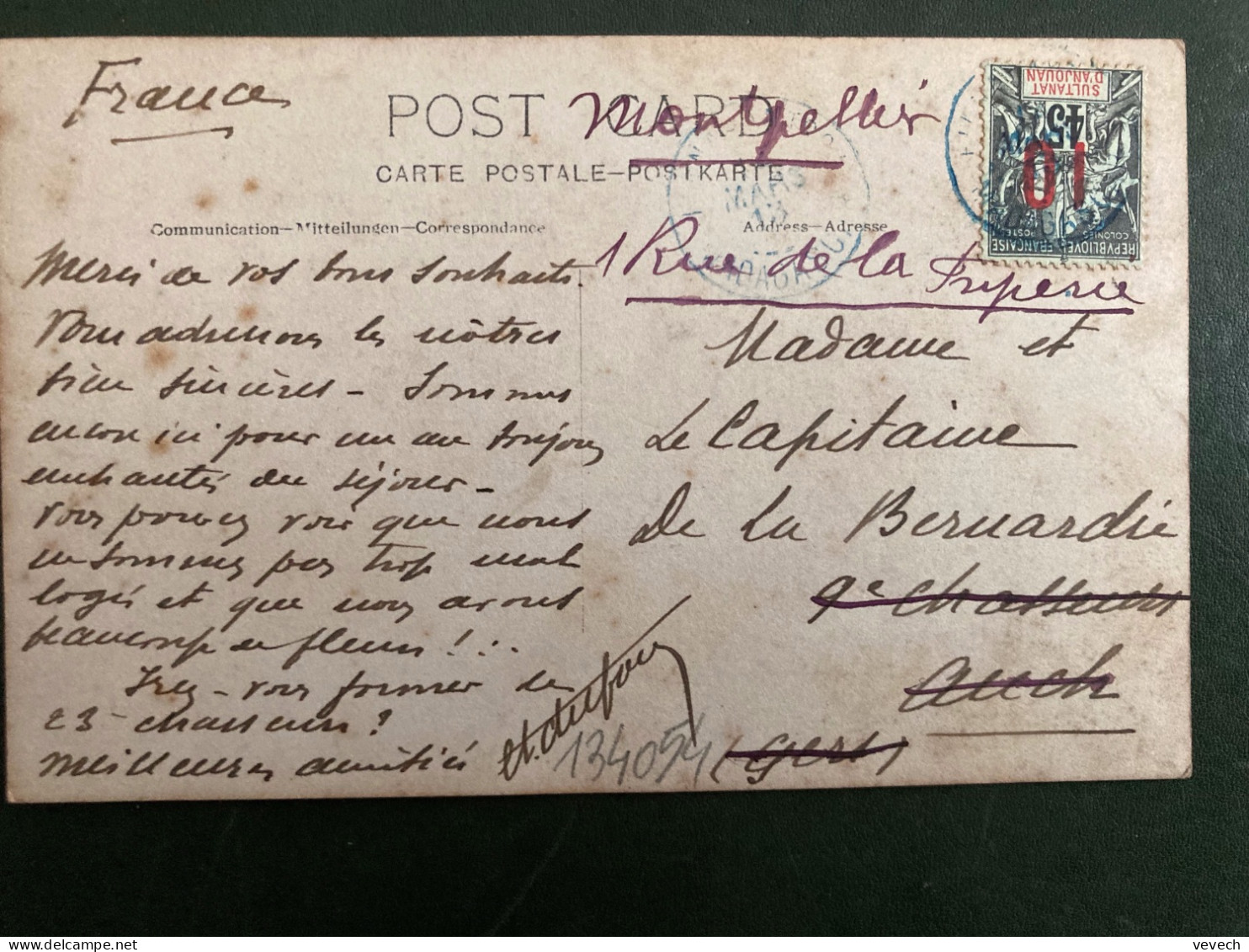 CP PHOTO MILITAIRE Pour Mme Et Le Capitaine De La BERUARDIE (FRANCE) TP 45 Surch. 10 OBL. BLEUE 17? MARS 13 - Cartas & Documentos