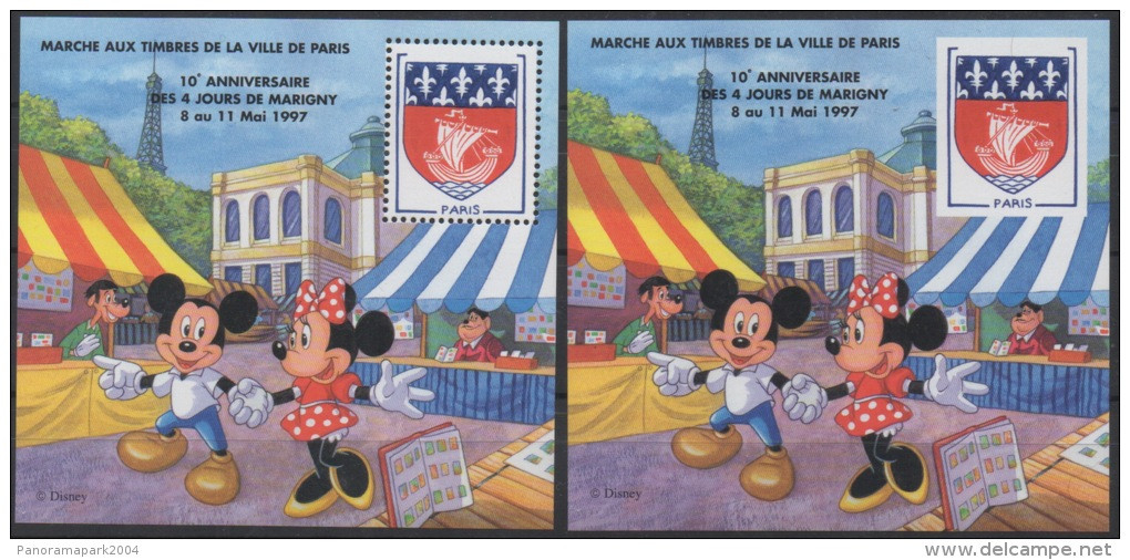 France Frankreich 1997 Walt Disney Lot Of 2 Sheets (perf+Imperf) Mickey Mouse & Minnie In Paris Eiffel Tower Only 2000ex - Disney