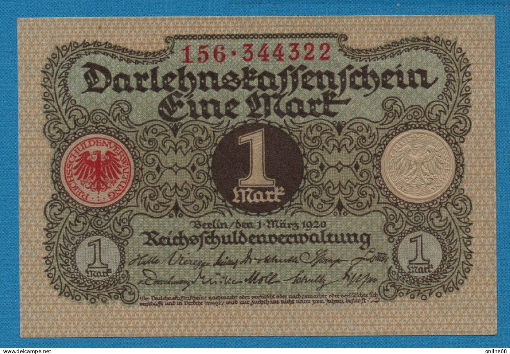 DEUTSCHES REICH 1 MARK 01.03.1920 # 156.344322 P# 58 DARLEHENSKASSENSCHEIN - Administration De La Dette