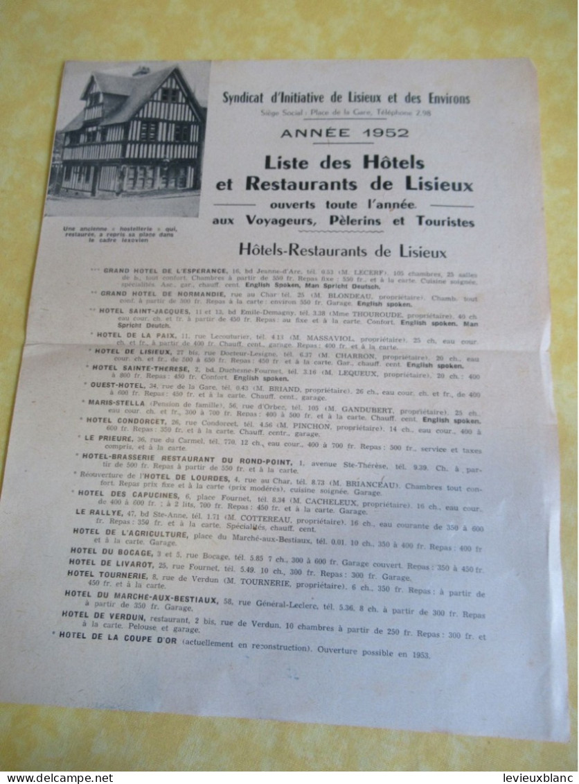 Liste Des Hôtels Et Restaurants De LISIEUX/Syndicat D'Initiative De Lisieux Et Des Environs /  1952     VPN386 - Art Religieux