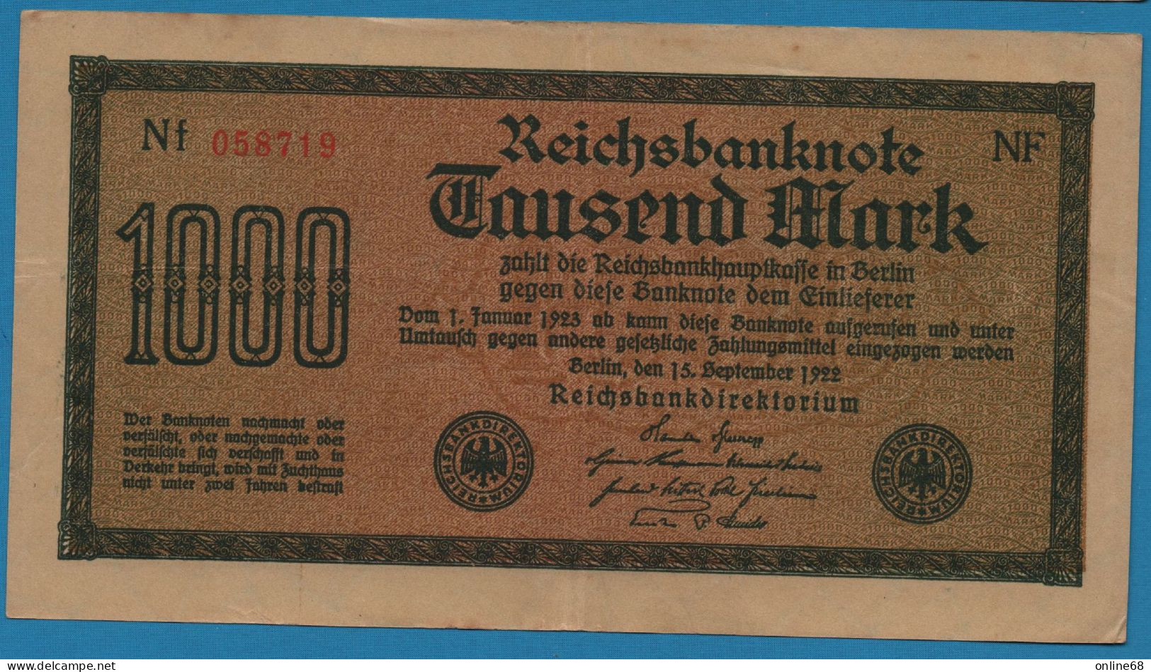 DEUTSCHES REICH 1000 MARK 15.09.1922 # NF Nf 058719 P# 76b Reichsbank - 1000 Mark