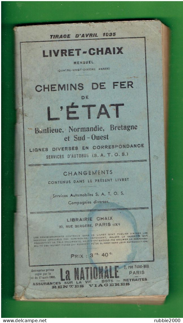 LIVRET CHAIX 1935 HORAIRES CHEMINS DE FER DE L ETAT TRAMWAYS DEPARTEMENTAUX VOIES FERRES D INTERET LOCAL VOIE ETROITE - Railway & Tramway