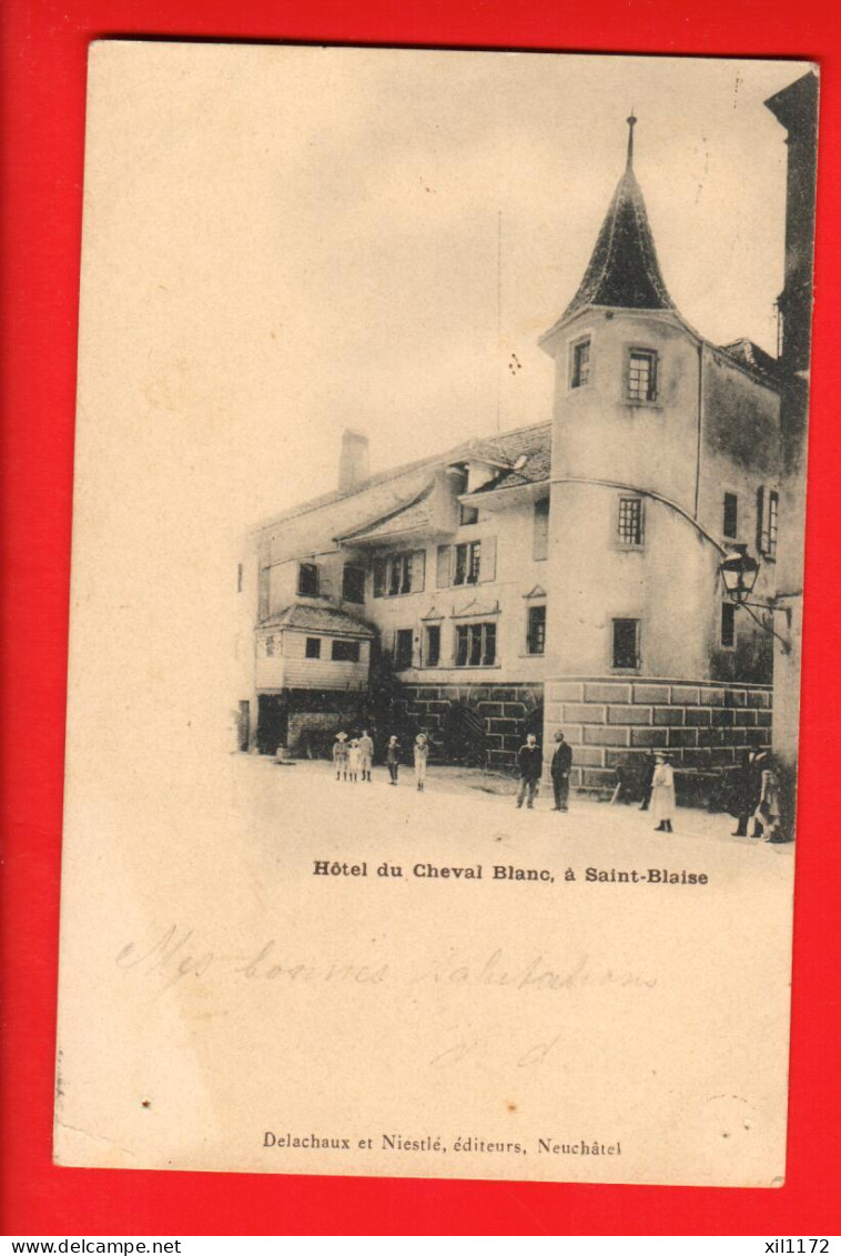 GCH-08 Saint-Blaise Hotel Du Cheval Blanc TRES ANIME. Dos Simple. Timbre UPU 5 Ct.. Circulé 1900 - Saint-Blaise