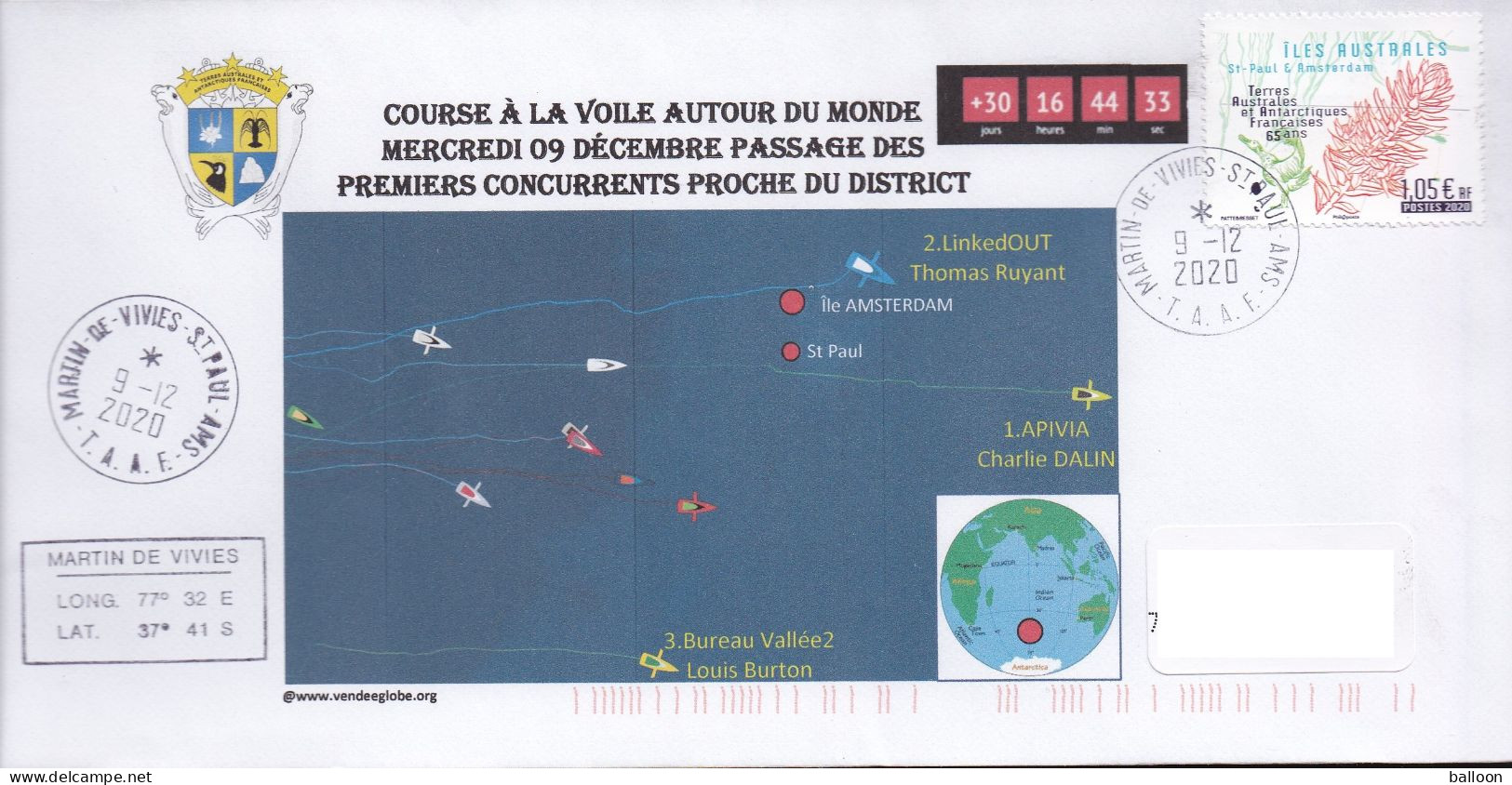 St Paul Et Ams - Passage Des Premiers Concurrents De De La Course à La Voile Autour Du Monde - 09.12.2020 - Lettres & Documents