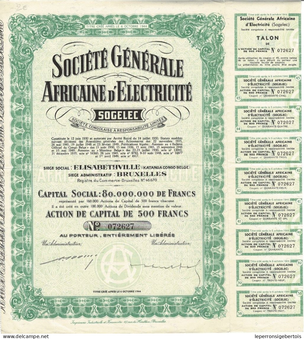 Titre De 1949 - Société Générale Africaine D'Electricité - SOGELEC - Sté Congolaise à Responsabilité Limitée - Afrique