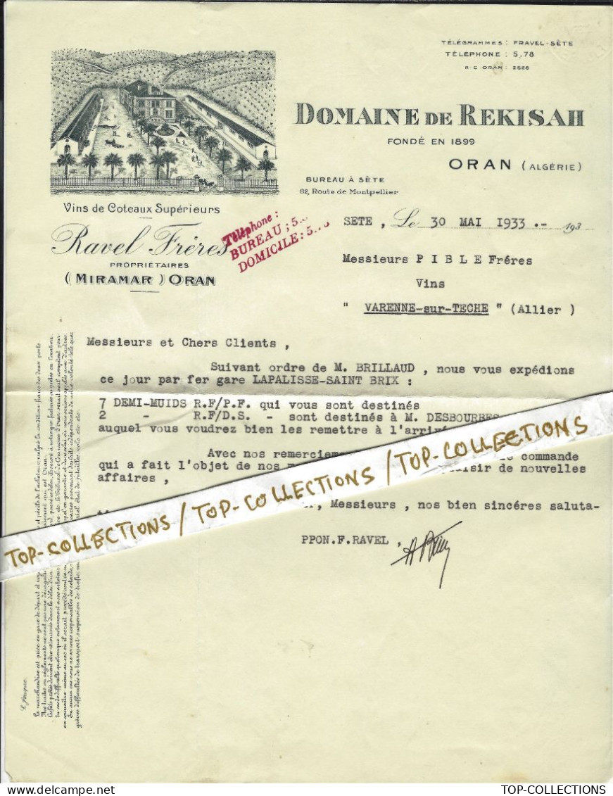 1933  SUPERBE ENTETE VIN VINS Domaine De Rekisah Oran Algérie & Sète  Pour Pible Fr. Varenne Sur Teche Allier V.HIST. - 1900 – 1949
