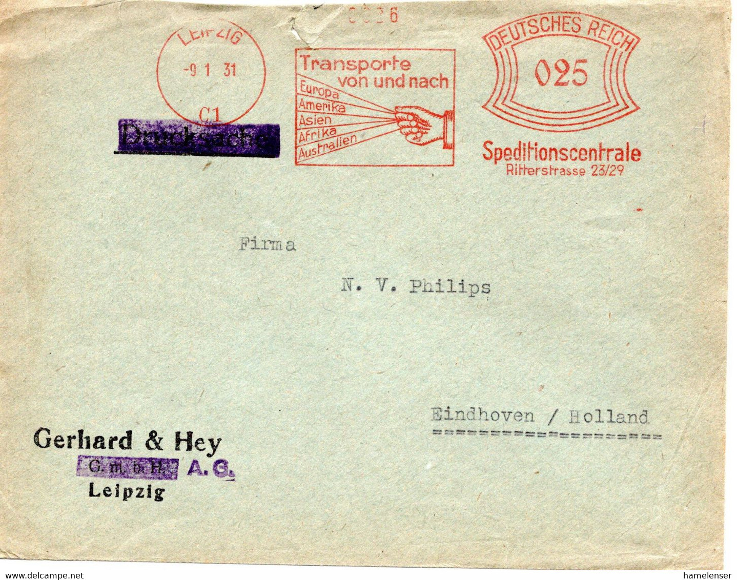 57119 - Deutsches Reich - 1931 - 25Pfg AbsFreistpl LEIPZIG - TRANSPORTE VON UND NACH ... -> Niederlande - Covers & Documents