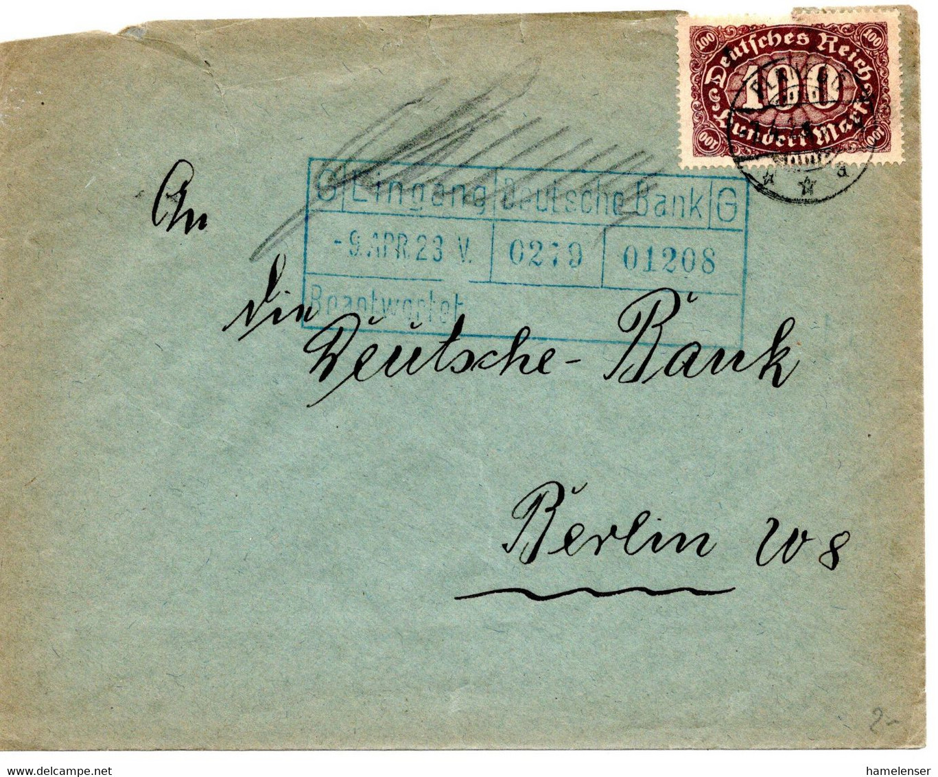 57084 - Deutsches Reich - 1923 - 100M Quer EF A Bf PLANEGG -> Berlin - Briefe U. Dokumente