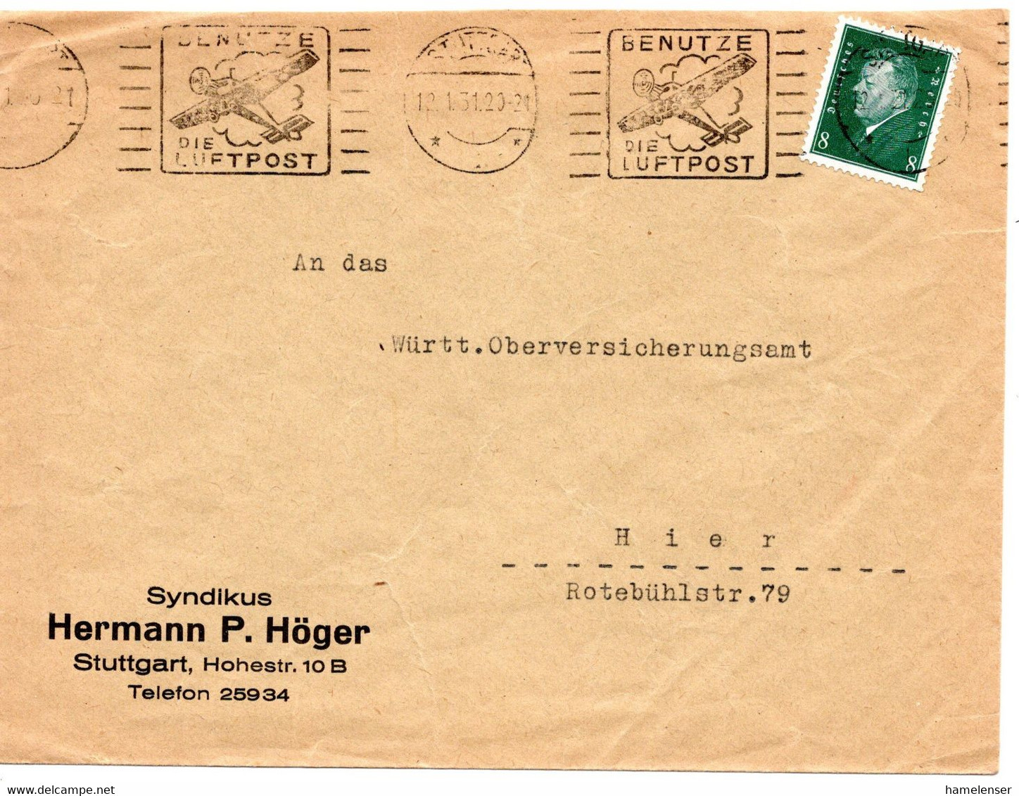 57046 - Deutsches Reich - 1931 - 8Pfg Ebert EF A Bf Innerh V STUTTGART - BENUTZE DIE LUFTPOST - Briefe U. Dokumente