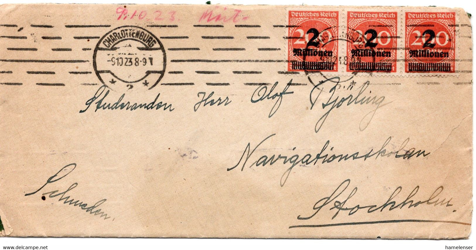 56686 - Deutsches Reich - 1923 - 3@2MioM A Bf CHARLOTTENBURG -> STOCKHOLM (Schweden) - Lettres & Documents