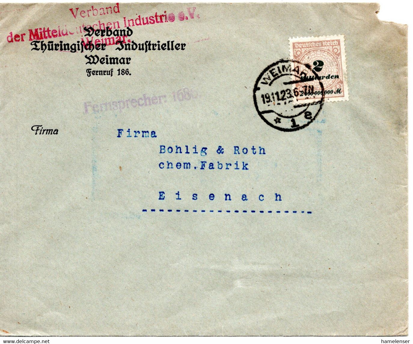 56538 - Deutsches Reich - 1923 - 2MrdM EF A Bf WEIMAR -> Eisenach - Lettres & Documents