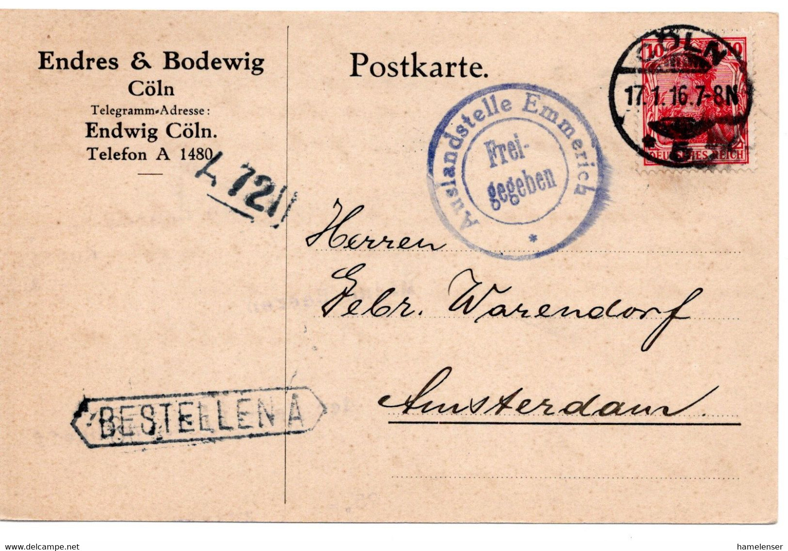 56529 - Deutsches Reich - 1916 - 10Pfg Germania EF A Kte M Dt Zensur COELN -> Niederlande - Briefe U. Dokumente