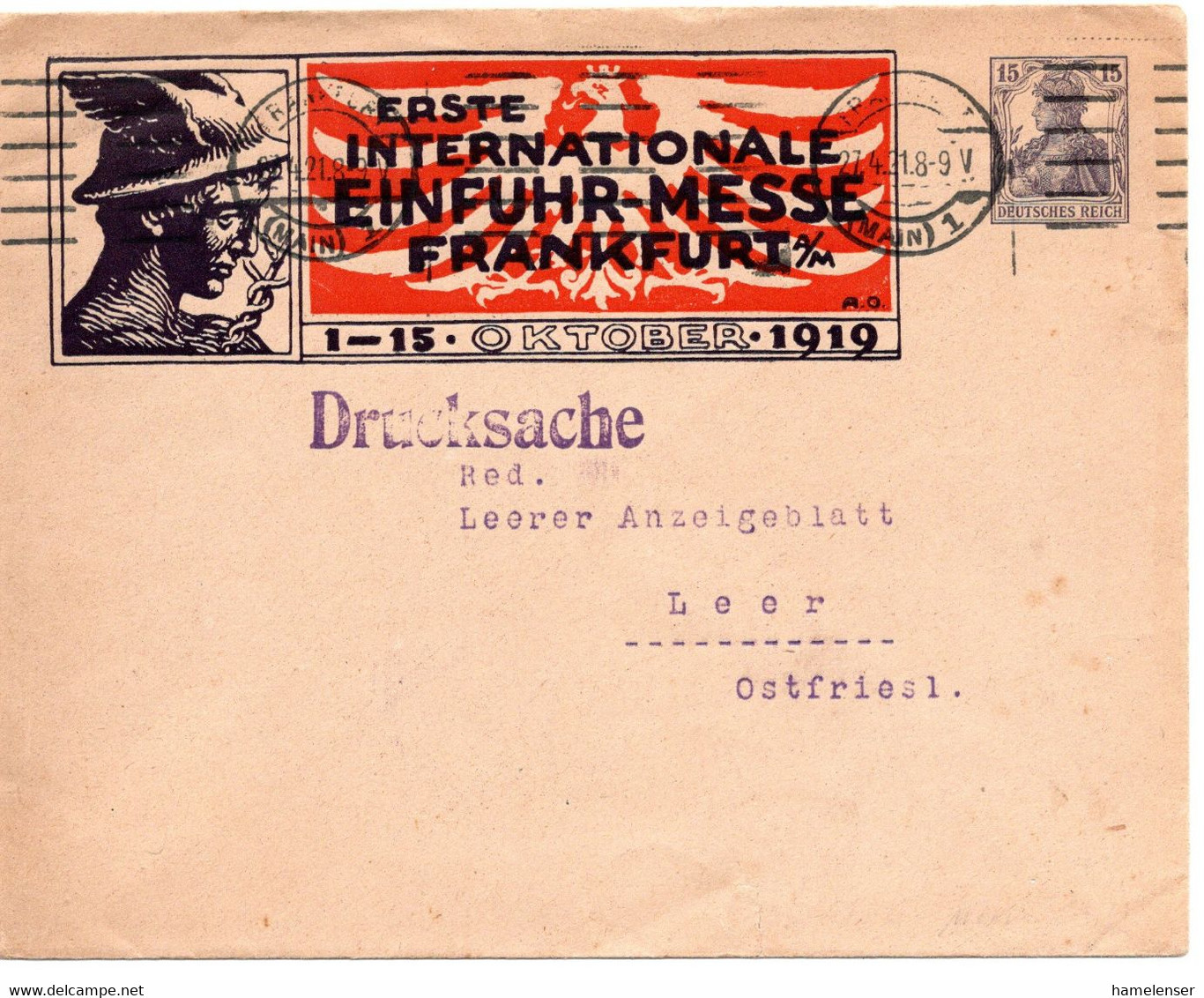 61469 - Deutsches Reich - 1918 - 15Pfg Germania PGAUmschl "Einfuhr-Messe" FRANKFURT -> Leer - Autres & Non Classés