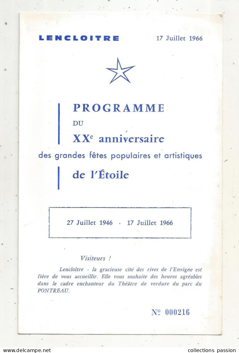 Programme 4 Pages Du XX E Anniversaire Des Fêtes Pop. Et Artistiques De L'ETOILE, 86 , LENCLOITRE, 1966, Frais Fr 1.65 E - Programme