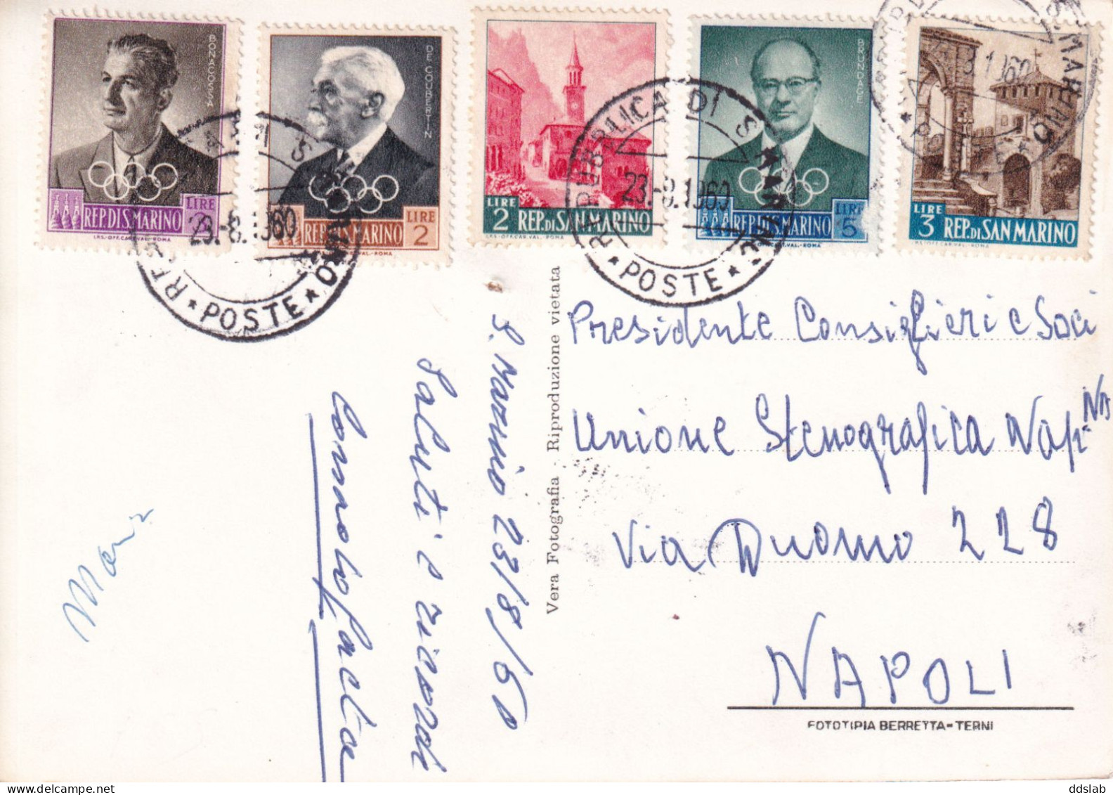 23/8/1960 - San Marino - Cartolina Per L'Italia Con 2 Coppie Valori Gemelli E 3 Esemplari Pre-olimpica 1959 - Storia Postale