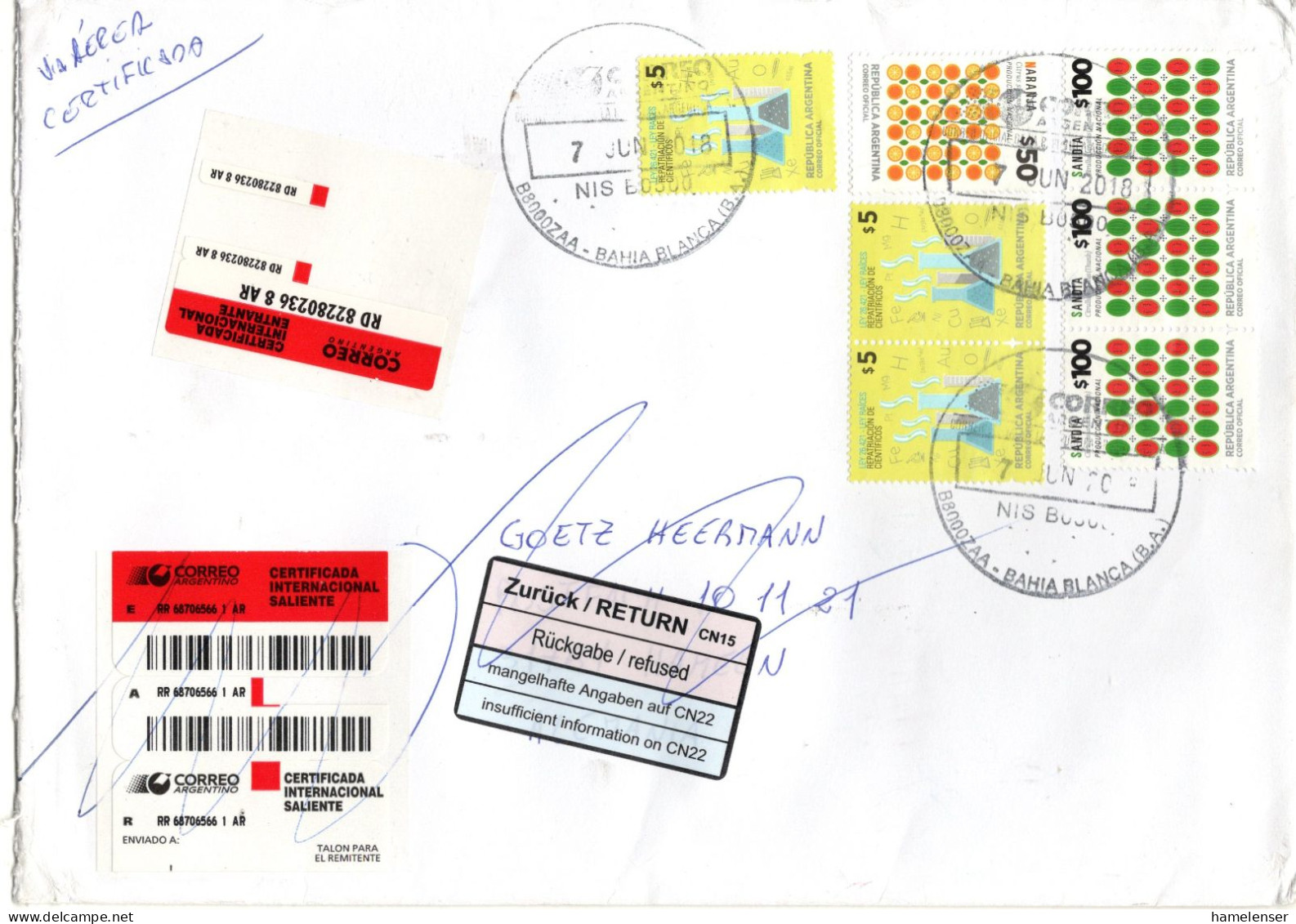 L65561 - Argentinien - 2018 - 3@$100 Landwirtschaft MiF A R-LpBf BAHIA BLANCA -> Deutschland, "verweigert" Zurueck - Covers & Documents