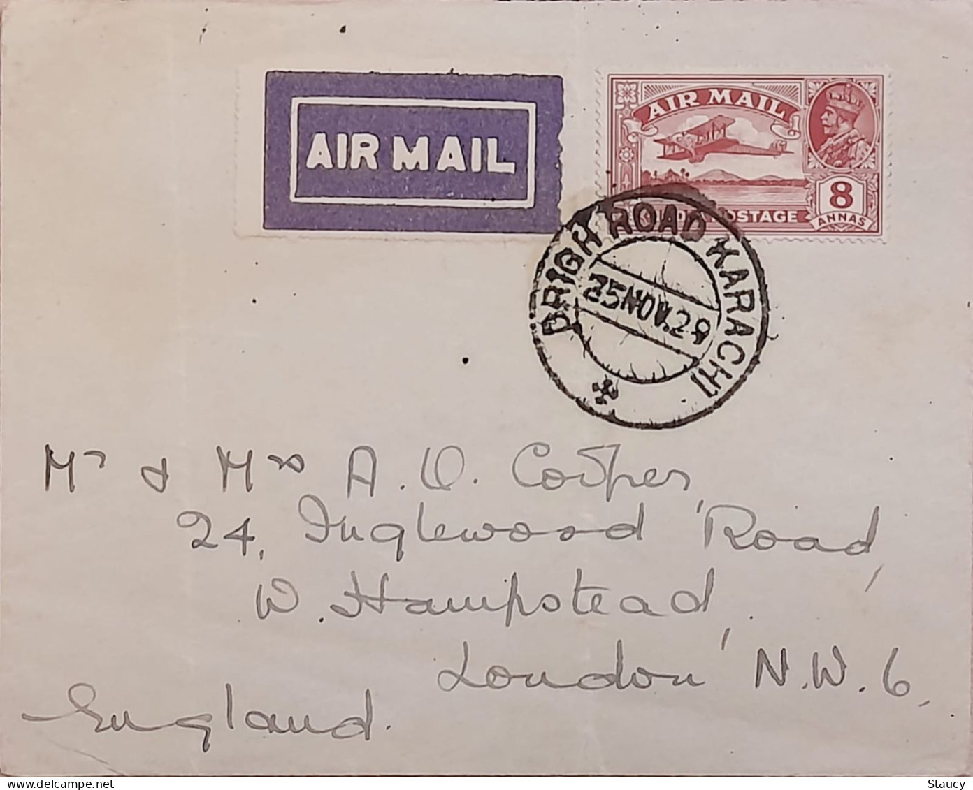 British India PAKISTAN 1929 KARACHI Airmail Cover To LONDON 8a Nice Cancellations On Front & Back Ex Rare - Pakistan
