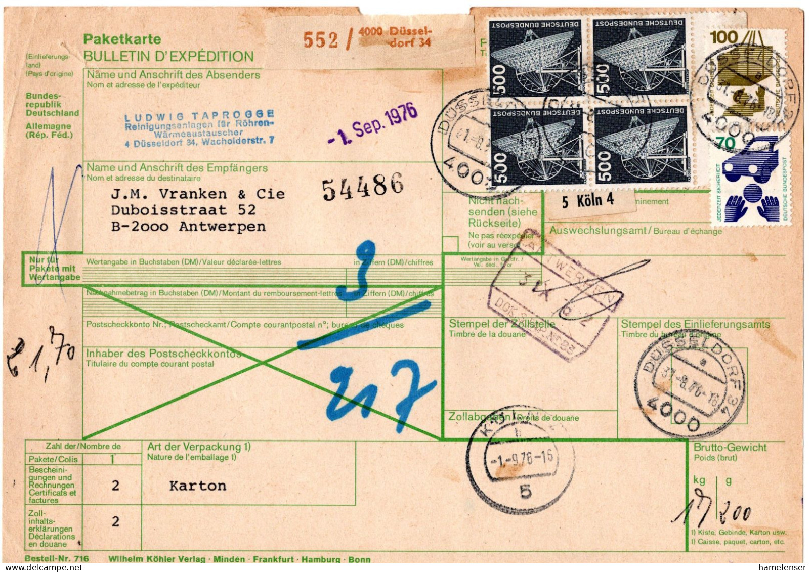 L65567 - Bund - 1976 - 500Pfg 田 I&T MiF A PaketKte DUESSELDORF -> KOELN -> Belgien - Covers & Documents