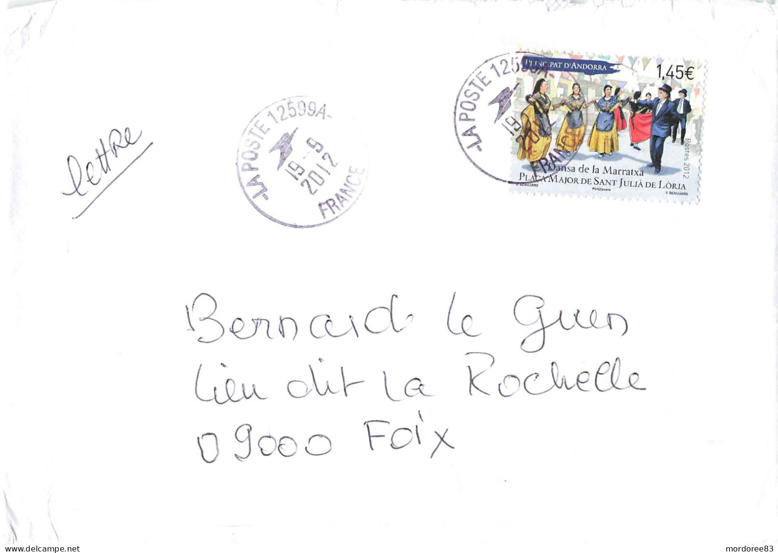 ANDORRE YT 727 SEUL SUR LETTRE 19/9/2012 POUR FOIX FRANCE - Storia Postale