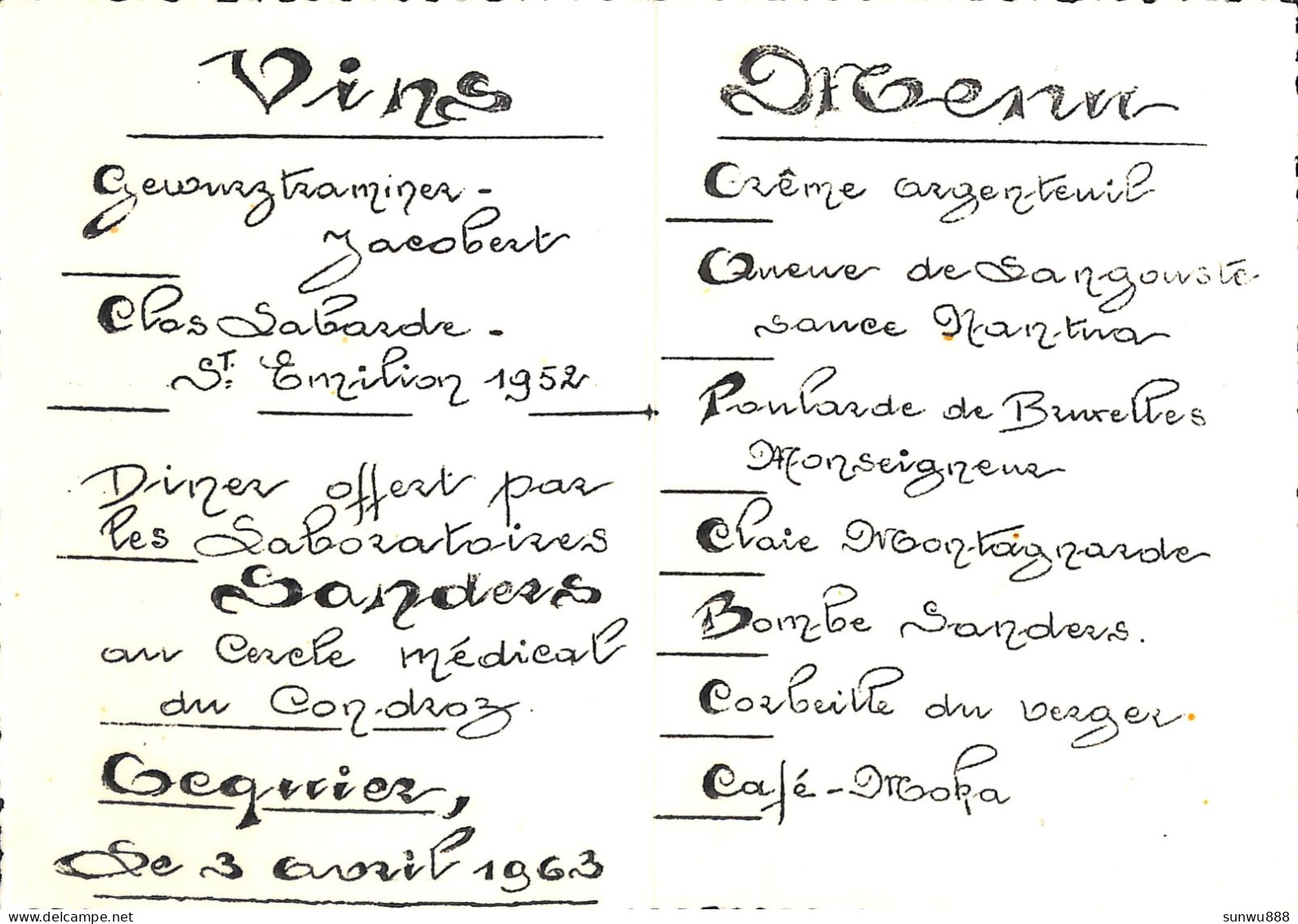 Ocquier - Castel Du Val D'Or - Double Carte Menu Photos 1963 - Clavier