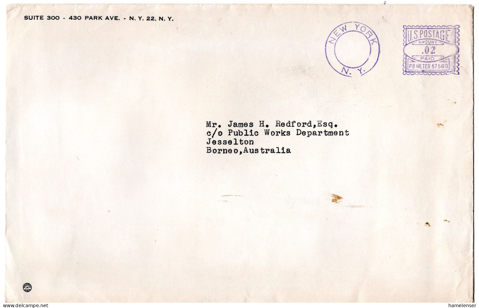 L65578 - Nord-Borneo - Ca 1930 - 2¢ Freistpl A DrucksBf NEW YORK -> Jesselton, Rs Australische Zoll-Marken - Nordborneo (...-1963)